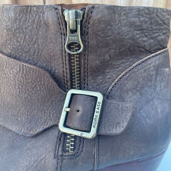 Kork Ease Boots Womens 7.5 Isa Ankle Booties Brown Leather Side Zip Buckle Block - Picture 2 of 10